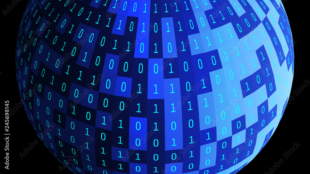 Fototapete 01 or binary numbers ball or sphere isolated on black. The computer screen on monitor matrix background, Digital data code in hacker or security technology concept. 3d abstract illustration