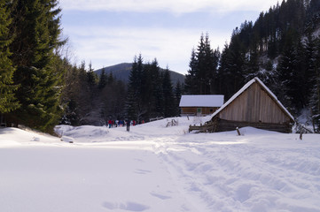 Fototapeta na wymiar Winter adventures. Wooden hut. Carpathians. Ukraine.