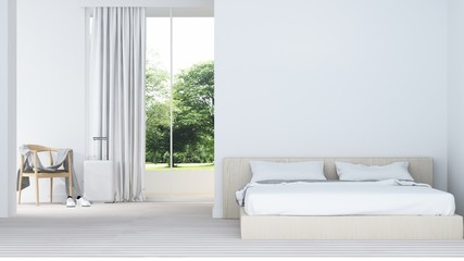The interior minimal hotel bedroom space 3d rendering and nature view background	