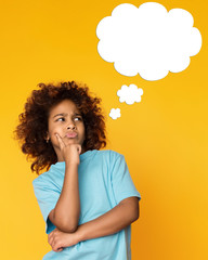 African-american child girl thinking with blank cloud