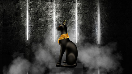 Egyptian asbstract background, goddess of Egypt Bastet, abstract neon bokeh background, rays