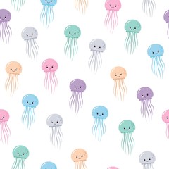 Cute seamless sea pattern with cartoon smiling color jellyfishes. Kawaii