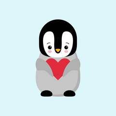Happy Valentines day in love penguin. Penguin holding a heart. Plush toys penguin with heart. Gift. Kawaii.
