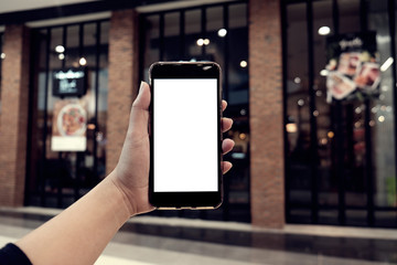 Close up of women's hands holding cell telephone blank copy space screen. smart phone with technology concept