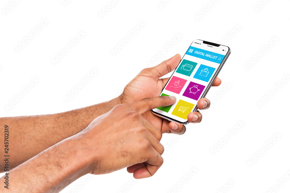 Aufkleber Man using smartphone with digital wallet application