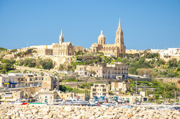 View of port village town Mgarr on Gozo island, Malta