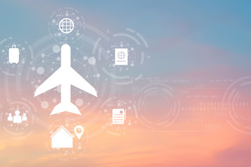 virtual interface of air transportation on blur pastel color sky background for traveling destination and journey concept	