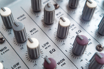 Photo of the analog mixer of the sound producer close up