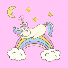 Illustration  with cute unicorn on pink background.