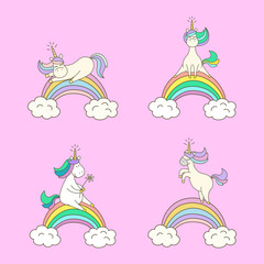 Set of cute unicorns on pink background.
