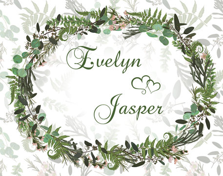Beautiful leafy frame wreath of eucalyptus, brunia, fern and boxwood branches isolated on white. For wedding invitations, vignettes, postcards, posters, horizontal
