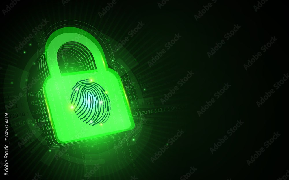Aufkleber cyber security and network protection. padlock with fingerprint
