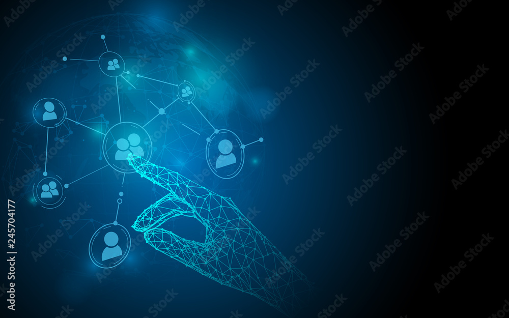 Leinwandbilder hand touching social network icons from lines, triangles and particle style design. illustration vec