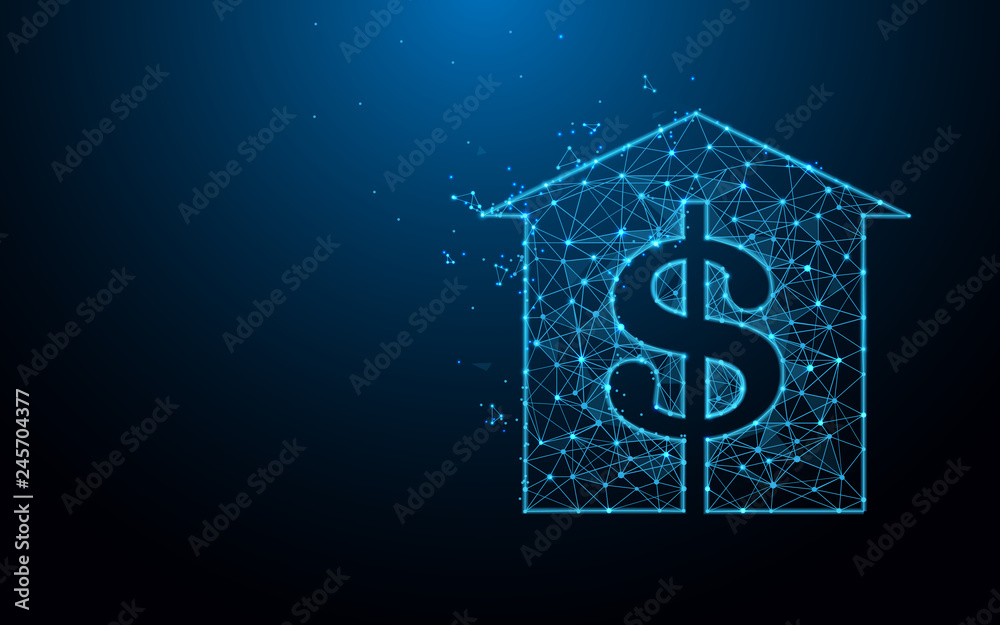Poster House with dollar sign icon from lines, triangles and particle style design. Illustration vector