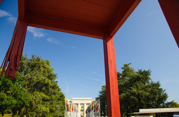 Broken chair in front of united nation building, Geneva, Switzerland