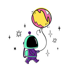 Vector illustration of an astronaut and a planet. Balloon. Doodle style. Color