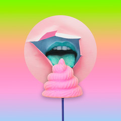 Contemporary art collage of green alien open mouth which lick the unicorn poo as ice cream or...