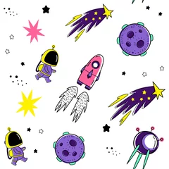 Stof per meter Kleur vector naadloze patroon met ruimte-elementen. Doodle stijl. Planeten, meteorieten, astronauten, sterren, kometen, raketten, satellieten © Olga