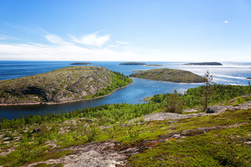 Fototapeta premium Kuzova Island archipelago in the White Sea, view from the top of the island German Kuzov