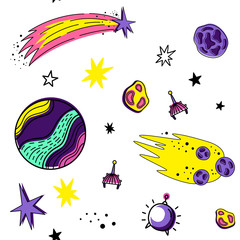 Fototapeta premium Color vector seamless pattern with space elements. Doodle style. Planets, meteorites, stars, comets, rockets, satellites
