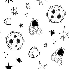 Vector seamless pattern with space elements. Doodle style. Planets, meteorites, astronauts, stars