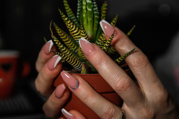 Woman's hands touching leaves of small cactus. Nail art on hers nails.