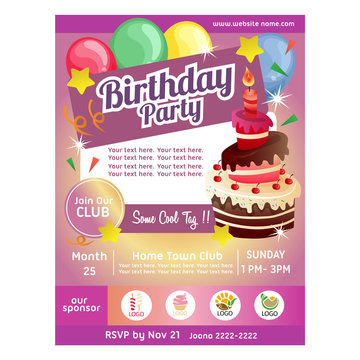 birthday party poster with cake balloon decoration