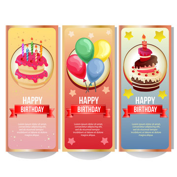 colorful birthday banner collection with cake candle on top