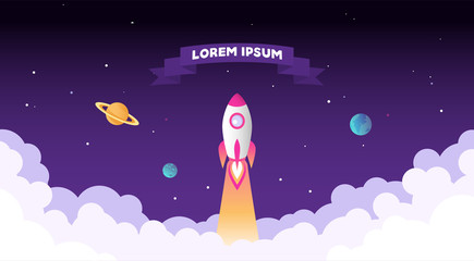 Rocket launch, planets, clouds, ribbon for text. Vector illustration