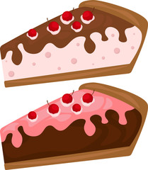 Sweet cake with cherry. Vector icon of sweet cake with jelly and souffle layers and raspberry jam. Set of cakes.
