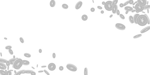 Chinese yuan coins falling. Scattered black and wh