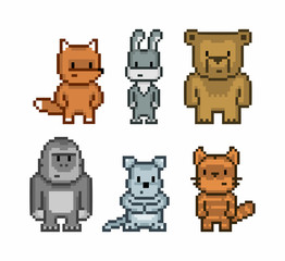 Vector pixel art collection of cute 8-bit animals