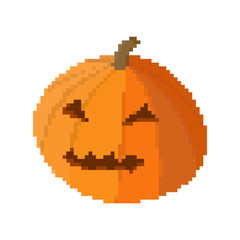 Pixel art halloween pumpkin lantern with spooky face on white background
