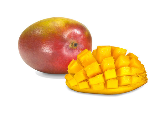Whole and cut mango fruit on white isolated background