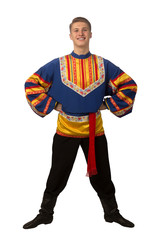 Attractive russian guy dancing in folk costume isolated on white