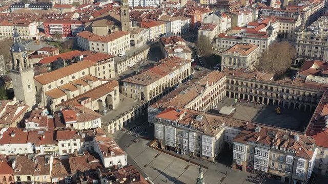 Aerial view of cityscape of Vitoria-Gasteiz, capital city of the Basque Autonomous Community, beautiful historic square Andre Maria Zuria/Virgen Blanca from above - landscape panorama of Spain, Europe