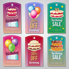 colorful birthday tag set with balloon and cake