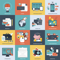 Set of flat design concept icons for website development, graphic design, branding, web and mobile apps development, marketing and e-commerce