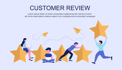 Concept of feedback, testimonials messages and notifications. Rating on customer service illustration. Five big stars with people sitting on them and giving reviews on their lap tops. Flat vector