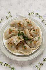 Dumplings with buckwheat porridge and fried onions. This is a very popular food in Poland