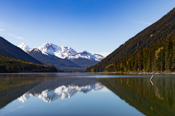 Fototapeta na wymiar High snowy peaks mirrored on Duffey Lake BC Canada