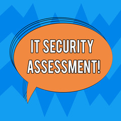 Writing note showing It Security Assessment. Business photo showcasing ensure that necessary security controls are in place Oval Outlined Solid Color Speech Bubble Empty Text Balloon photo