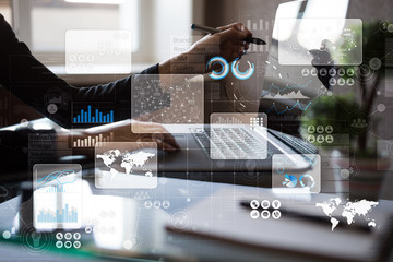 Virtual touch screen. Project management. Data analysis. Hitech technology solutions for business. Development. Icons and graphs background. Internet and networking.