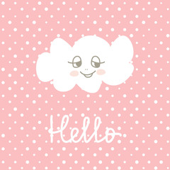 Cute Happy Cloud cartoon on polka pots background.