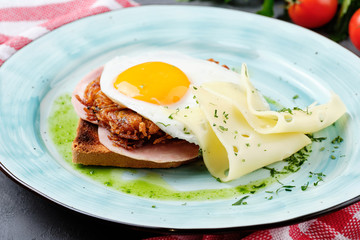 Fried Egg on Ham Sandwich Toast Bread Side View