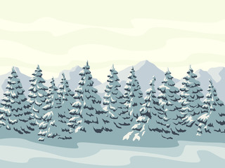 Obraz premium Horizontal illustration of winter forest with mountains.