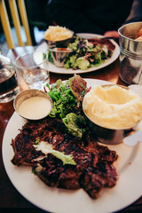 Stake and mashed potatoes from french restaurant. 