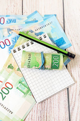 Russian money, notepad and pencil. Business still-life