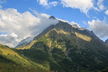 Closeup view mountains scenes in national park Dombai, Caucasus, Russia, Europe