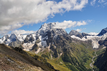 Fototapeta na wymiar Closeup mountains scenes in national park Dombai, Caucasus, Russia